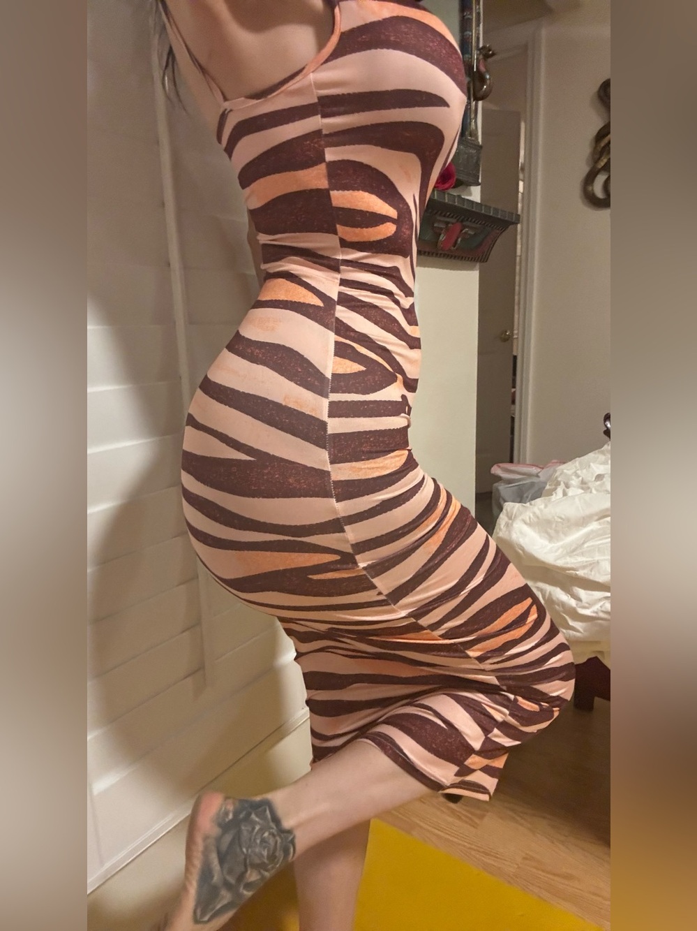 Pinup Tiger Dress  Zebra-Print Midi Dress S